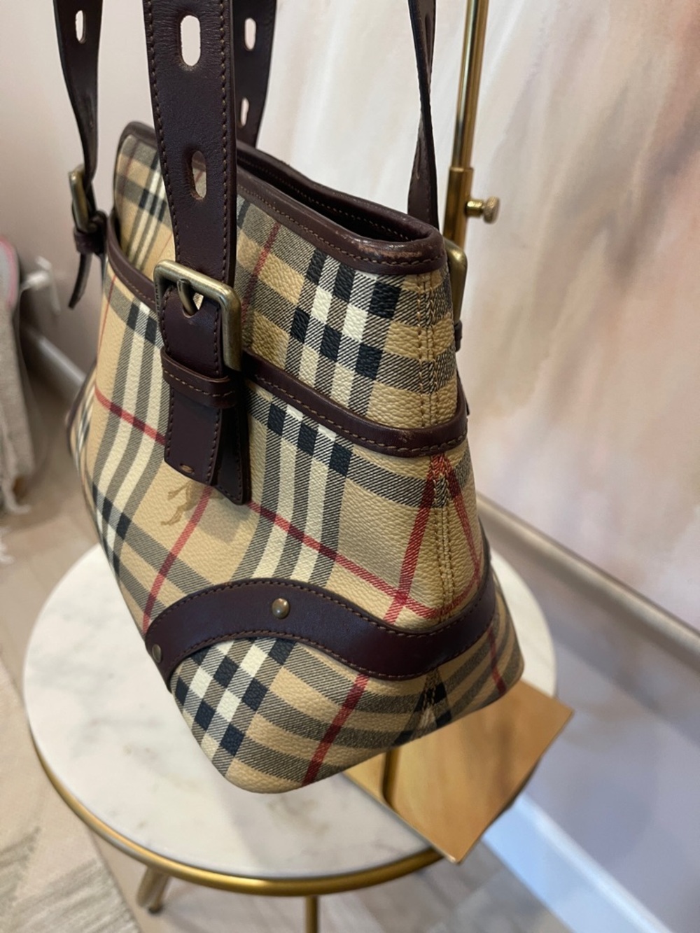 Burberry Beige Vintage Check Shoulder Bag with Brown Leather - Picture 4 of 12